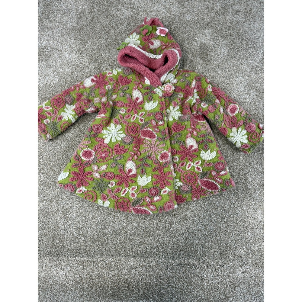 Corky & Company Girls 4T Floral Fleece Hooded Jacket Green Pink Fairycore Fall